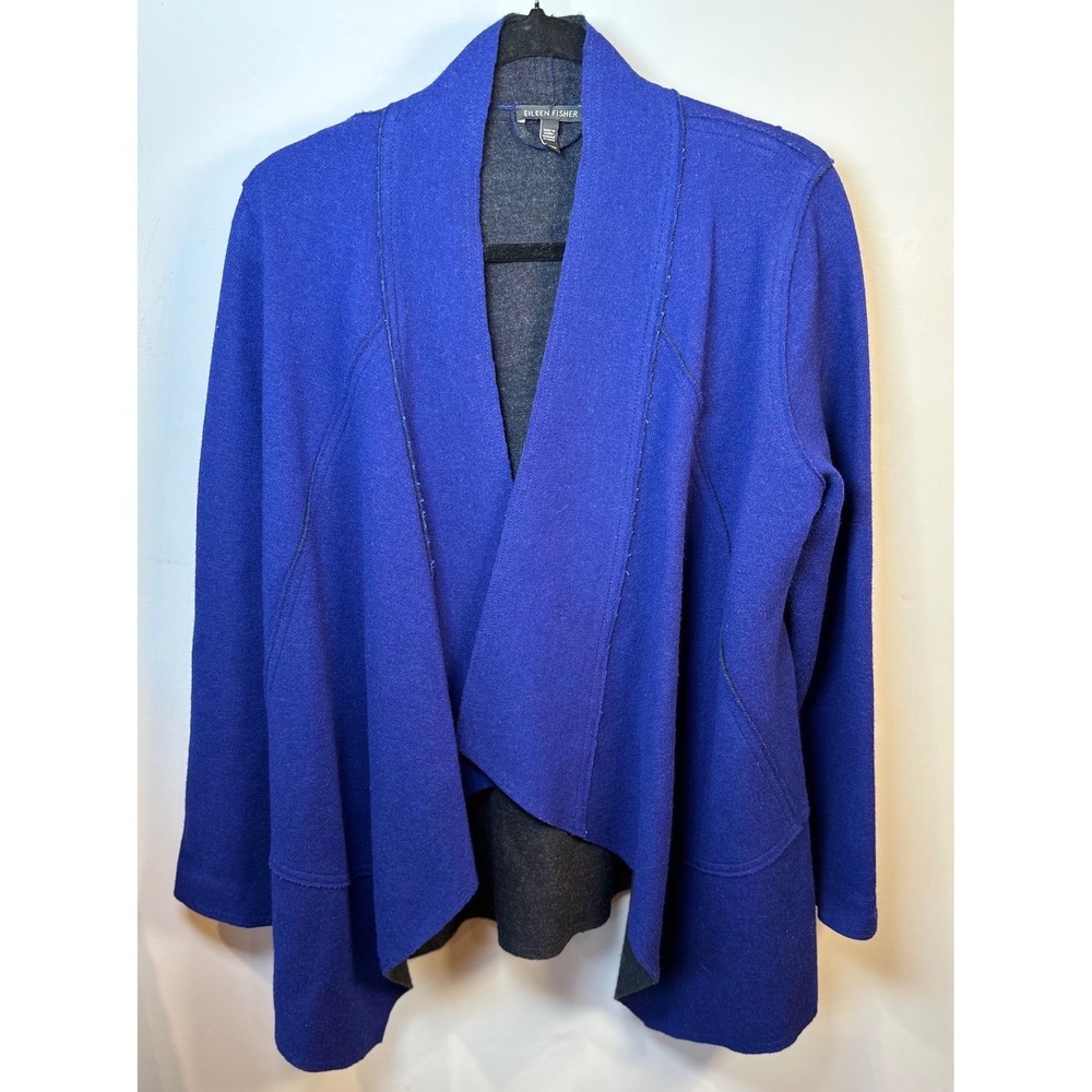 Eileen Fisher Merino Wool Drape Front Sweater Cardigan Blue Medium